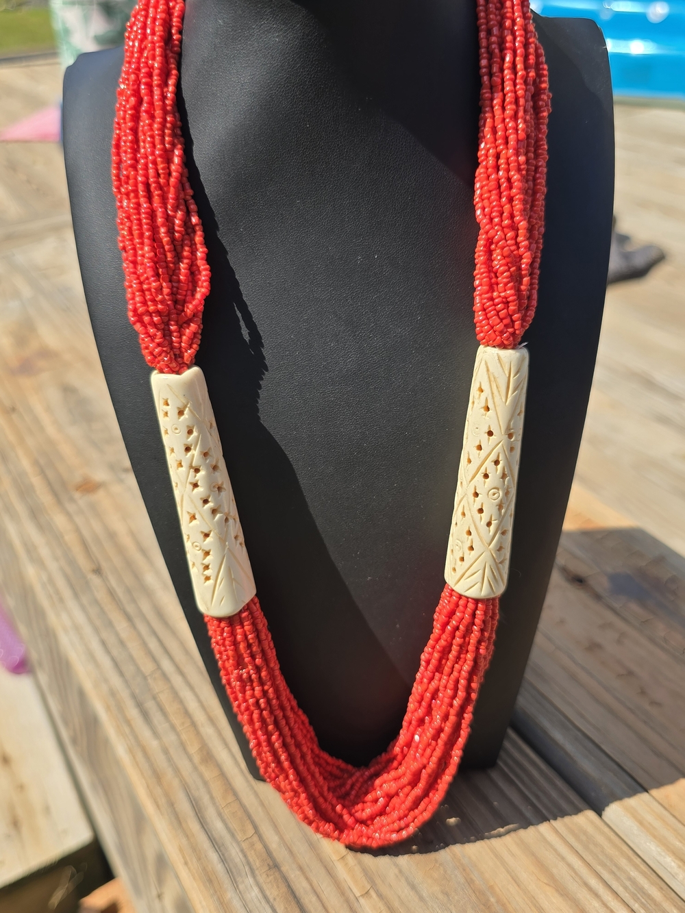 Vintage Red Multi-Strand Beaded Necklace with Carved Ivory Accents